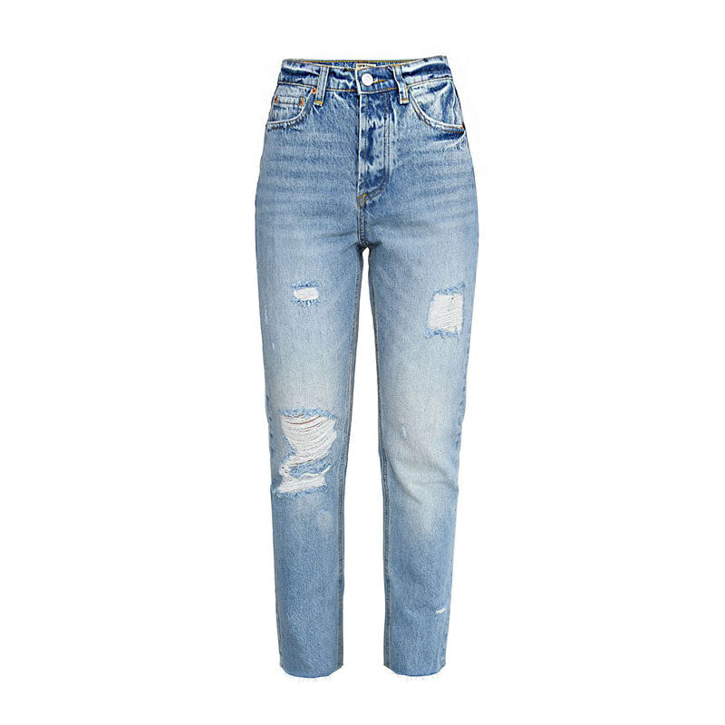 Vibrant Cut Out Faded Frayed Straight Leg Jeans - Light Blue