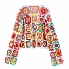 Vibrant Scalloped Button Down Floral Granny Square Crochet Knit Cardigan - Multicolor