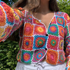 Vibrant Scalloped Button Down Floral Granny Square Crochet Knit Cardigan - Multicolor