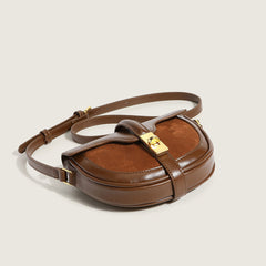 Vintage Contrast Golden Flap Front Buckled Saddle Bag - Coffee