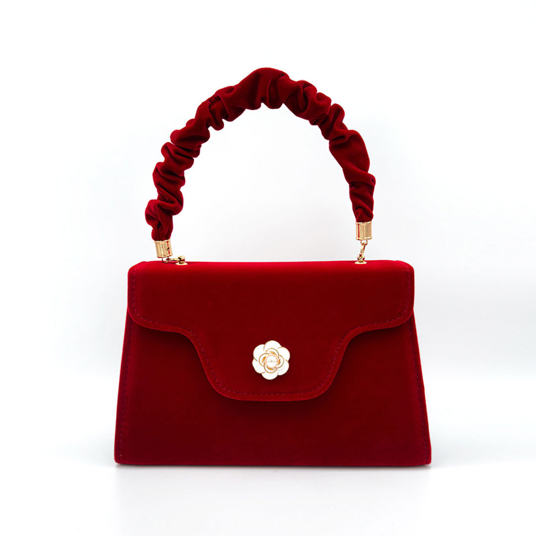 Pochette vintage en faux daim avec rabat et bordure fleurie et poignée froncée - Rouge