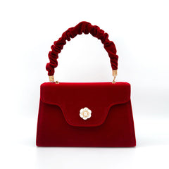 Pochette vintage en faux daim avec rabat et bordure fleurie et poignée froncée - Rouge