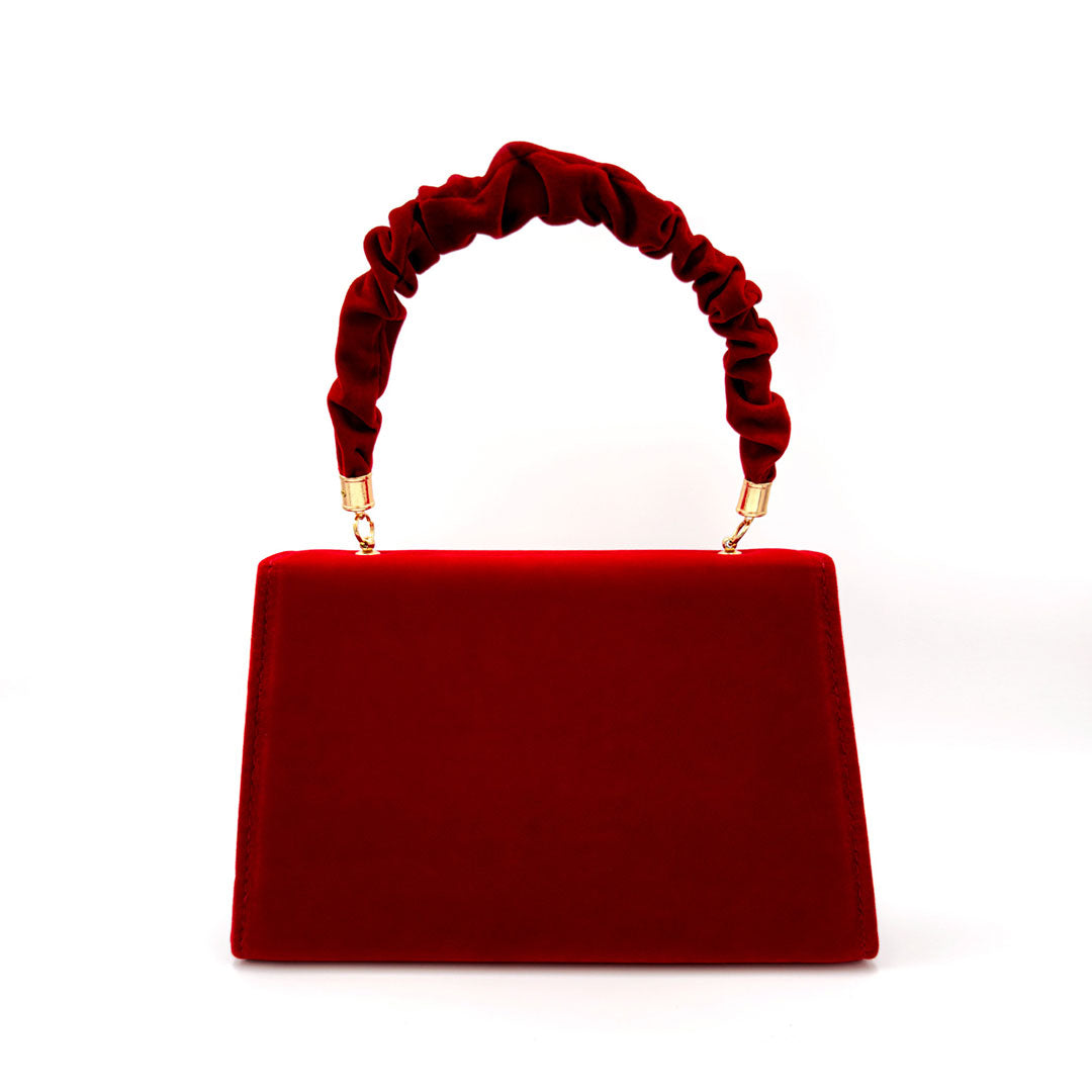 Pochette vintage en faux daim avec rabat et bordure fleurie et poignée froncée - Rouge