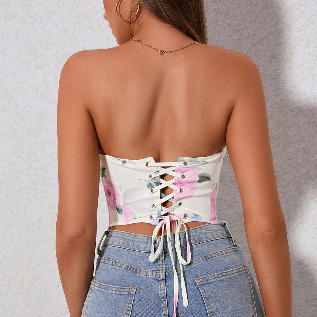 Vintage Flower Print Lace Up Back Strapless Crop Corset Top - White