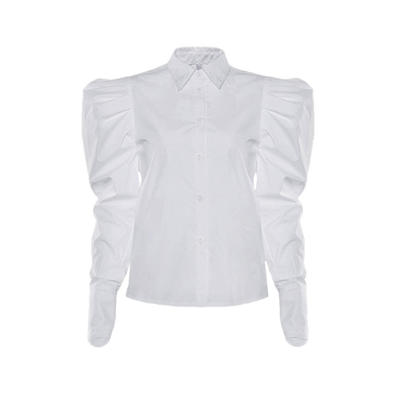 Vintage Frilled Puff Sleeve Pointed Collar Button Up Blouse - White