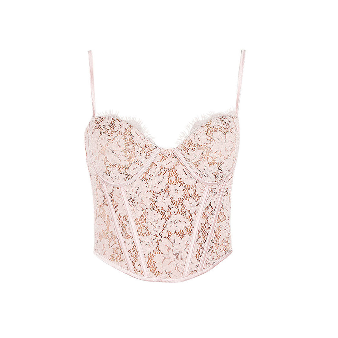 Vintage Lace Satin Spaghetti Strap Sweetheart Corset Cropped Top - Pink
