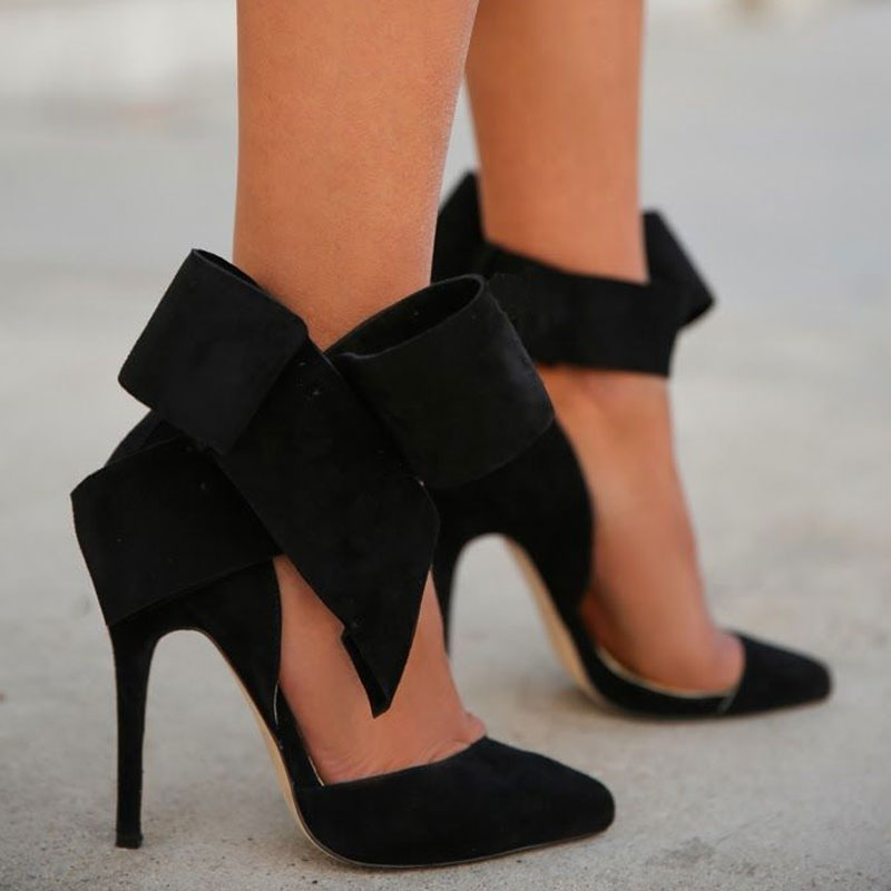 Vintage Pointed Toe Ankle Strap Suede Stiletto Butterfly Heels - Black