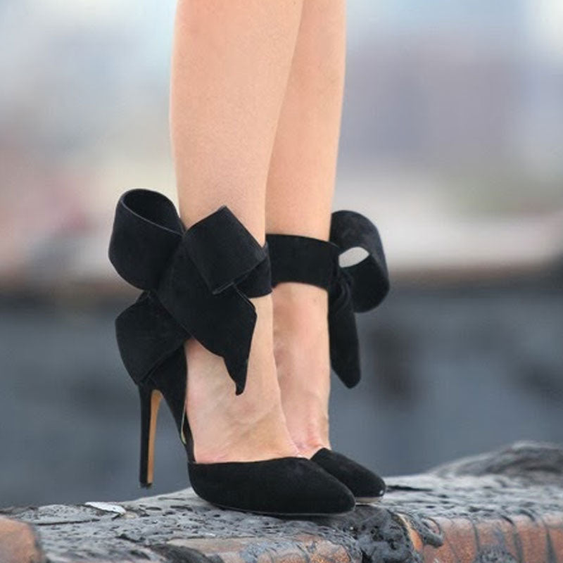 Vintage Pointed Toe Ankle Strap Suede Stiletto Butterfly Heels - Black
