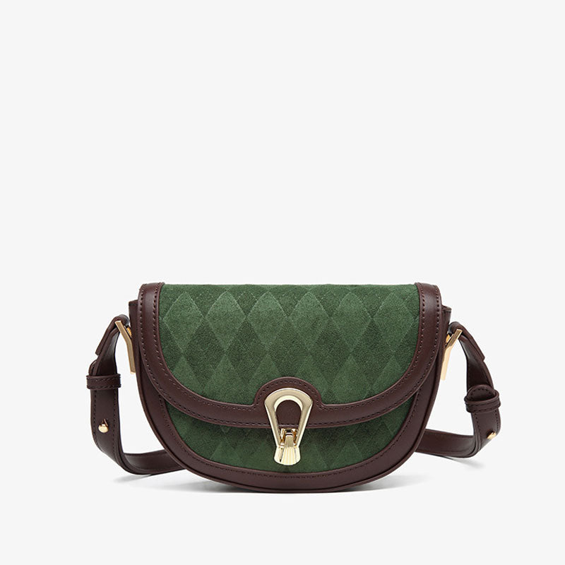 Vintage Suede Argyle Pattern Faux Leather Crossbody Saddle Bag - Green