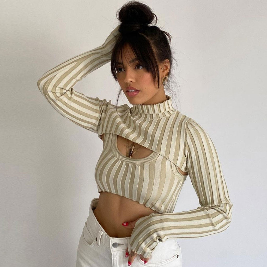 Weird Striped High Neck Long Sleeve Rib Knit Crop Sweater - Apricot