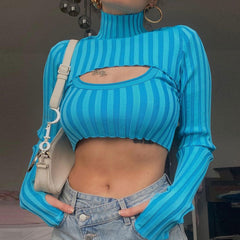 Weird Striped High Neck Long Sleeve Rib Knit Crop Sweater - Blue