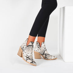 Wild Faux Leather Pointed Toe Notch Chunky Heel Ankle Boots - Snake