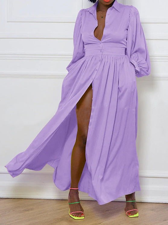 Solid Button Balloon Sleeve Shirt Dress