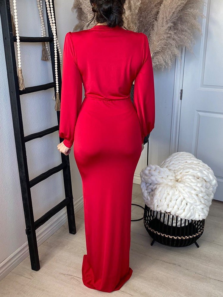 V Neck Long Sleeve Slim Fit Slit Dress