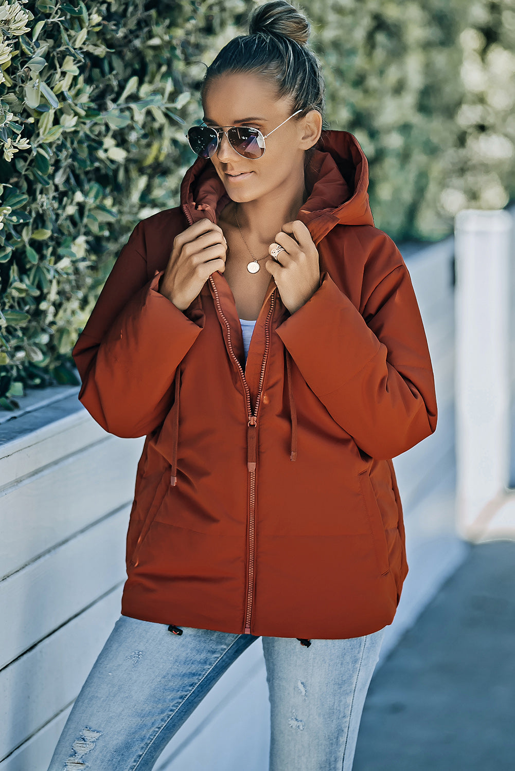 Zipper Hooded Coat With Pocket